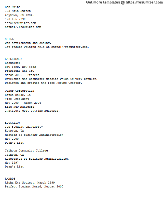 ascii text resume example